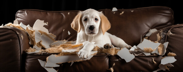 Cute little dog destroyed modern leather sofa while he was bored.