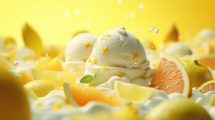 Citrus ice cream with flying fruit slices ingredients, dessert food background - 774920693