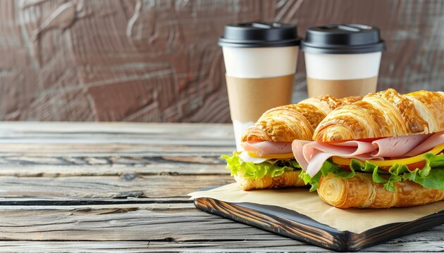 croissant sandwich with ham and cheese and take away coffee cups on wooden table