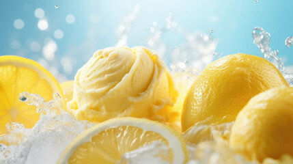 Citrus ice cream with flying fruit slices ingredients, dessert food background - 774920809