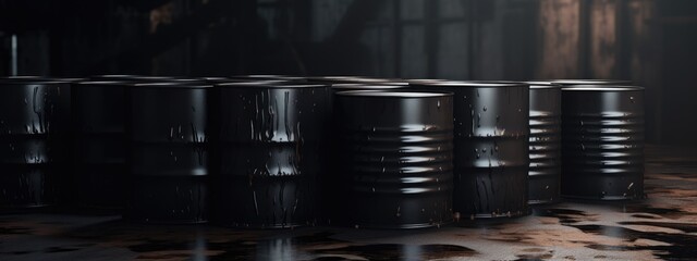 Glossy black oil barrels in monochrome warehouse industrial banner background - 774921012