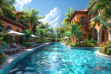 Fototapeta na wymiar Tropical resort pool area with cabanas and a swim-up barHyperrealistic
