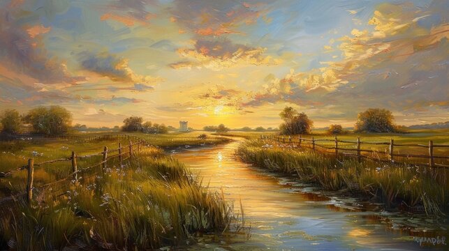 A serene landscape depicting a tranquil countryside scene, bathed in the warm glow of the setting sun, created with oil paints.