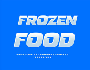 Vector quality sign Frozen Food. Modern Glossy Font. Exclusive White Alphabet Letters and Numbers set. 