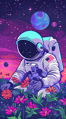 Fototapeta premium An astronaut collects flowers in a field in space cartoon style