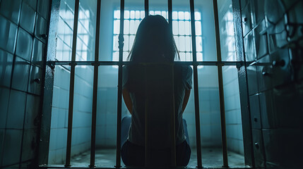 woman sitting locked up in prison. Human rights, Generative Ai - obrazy, fototapety, plakaty