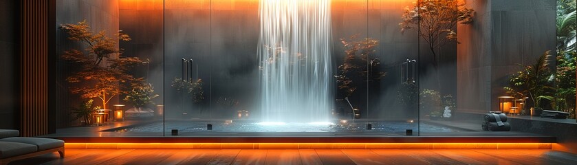 Contemporary bathroom with a glass-enclosed waterfall shower and ambient lighting8K
