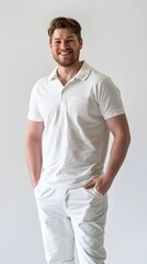 A handsome German man, standing, wearing a white polo shirt, with hand in the pocket