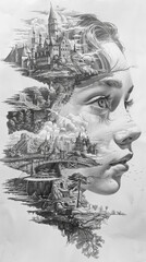 through the looking glass Alice in the different fragments images in plain pencil drawing
