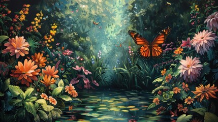 Fototapeta na wymiar A tranquil garden scene, where flowers bloom in riotous color and butterflies flit among the foliage, brought to life with oil paints.