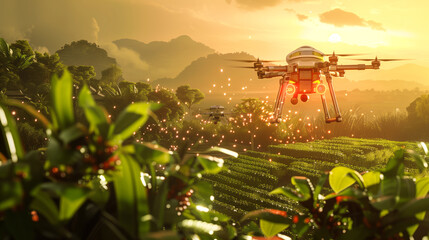 Eco-Friendly Crop Monitoring, robotic drones equipped with sensors fly over lush farmland