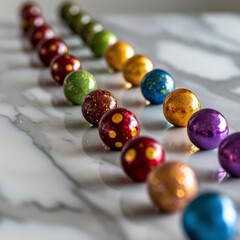 exotic rows of multi-colored balls of chocolate treats on a marble table.