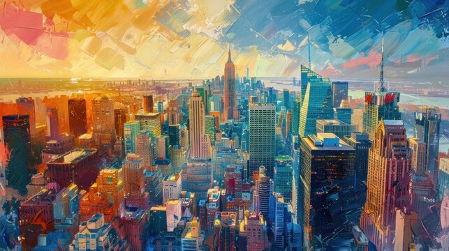 A vibrant oil painting of a bustling cityscape, with skyscrapers reaching for the sky, rendered in rich strokes of color.
