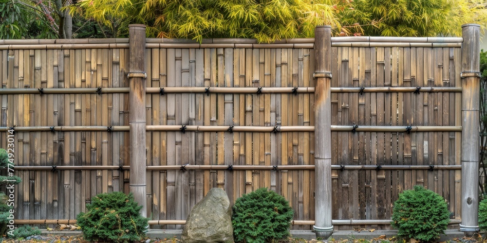 Wall mural sleek, geometric fence with asymmetrical wooden slats