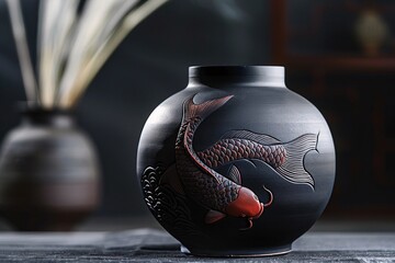 a black vase with a fish design - obrazy, fototapety, plakaty
