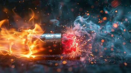 Fire flash of a bomb cartridge explosion close-up - obrazy, fototapety, plakaty