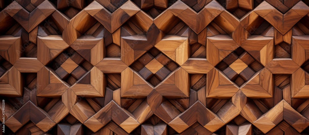Poster wooden wall close-up showing a detailed pattern of square shapes in a symmetrical design