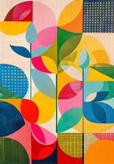 joyful and light, vibrant multi colored geometric shapes in the style of mid-century illustration