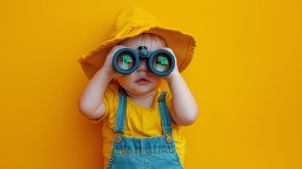 Little Boy in Yellow Jacket Looking Through Binoculars - obrazy, fototapety, plakaty