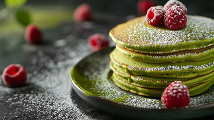 A stack of Matcha Pancakes in a plate adornedd with sugar powder and raspberries