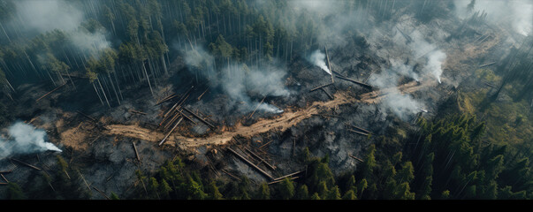 Deforestation or forest cutting top view. Aerial view of cut forest.copy space for text.