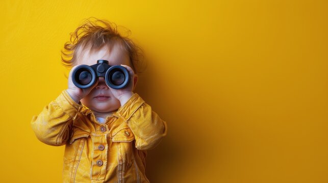 Little Boy in Yellow Jacket Looking Through Binoculars