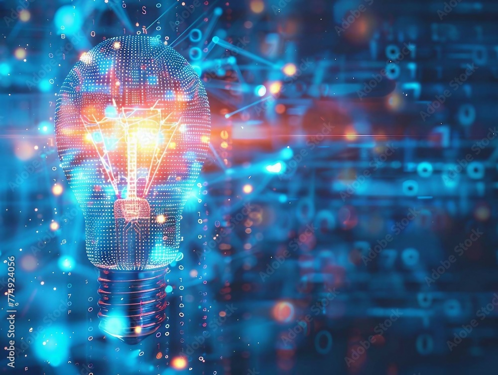 Poster blue digital light bulb icon with glowing data streams symbolizes the innovative of artificial intel