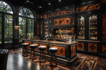 Luxe home bar with dark wood paneling and leather bar stoolshigh detailed