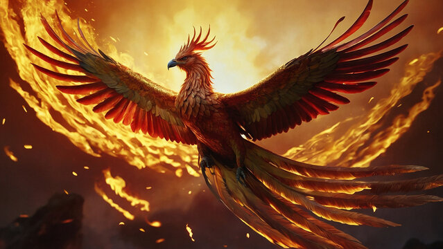 Close-up portrait of a phoenix against a background of smoke, ash, flame and sunlight