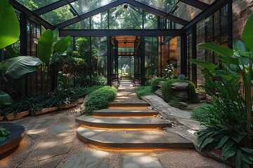 Tropical conservatory with exotic plants and a glass roofup32K HD