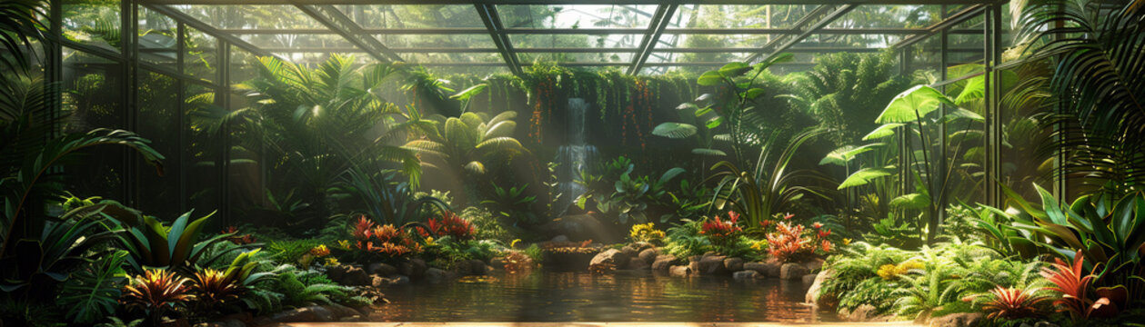 Tropical conservatory with exotic plants and a glass roofup32K HD