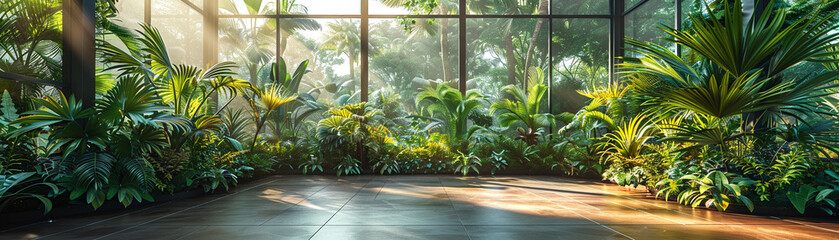 Tropical conservatory with exotic plants and a glass roofup32K HD