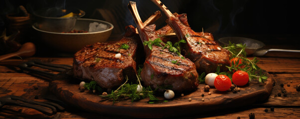 Grilled Lamb Chops with Garlic, tomatoes, lemon, on old wooden table - obrazy, fototapety, plakaty