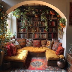 Bohemian reading nook with floor cushions tapestries