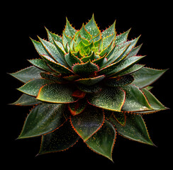 Aloe plant with spiky leaves isolated against a black background. The succulent's green leaves have vibrant orange tips and white specks