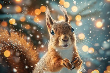 a squirrel standing in the snow - obrazy, fototapety, plakaty