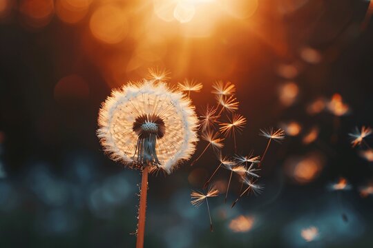 a dandelion with seeds flying in the air