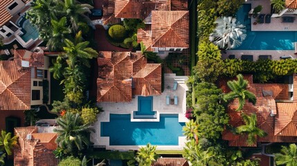 Fototapeta na wymiar An aerial view of a pool surrounded by trees and houses, AI