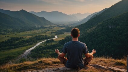 a man meditates in the mountains looking at the river