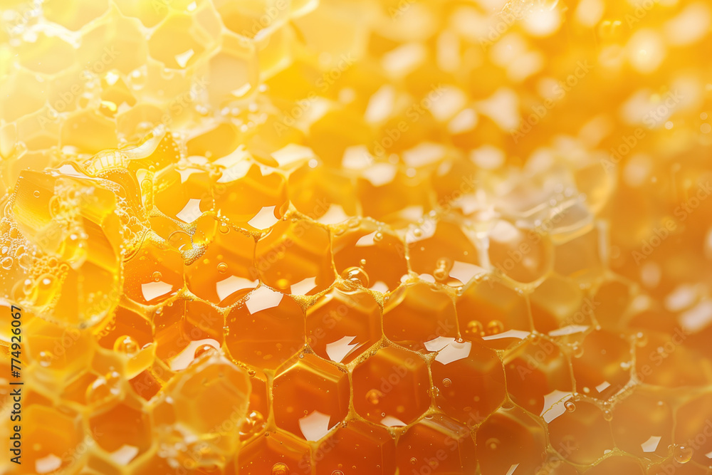 Poster close up of honeycomb with honey. background image. created with generative ai technology.