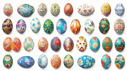 Collection of colourful hand painted decorated easter eggs on white background cutout file. Pattern and floral set. Many different design. Mockup template for artwork design