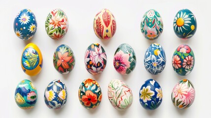 Collection of colourful hand painted decorated easter eggs on white background cutout file. Pattern and floral set. Many different design. Mockup template for artwork design