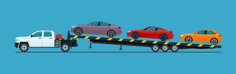 Car transporter pickup truck loaded with different cars isolated. Vector illustration. - obrazy, fototapety, plakaty