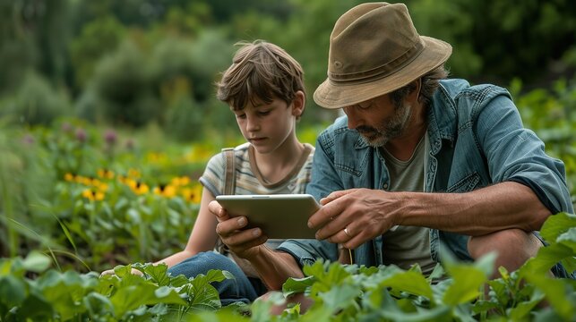 Portrait of father and son using tab to explore plants in garden with a blurry backdrop and daylight view with space, Generative AI