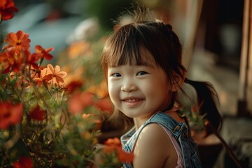 Portrait of a cute little asian girl playing in flower garden