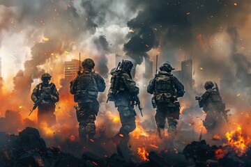 a group of soldiers running in flames