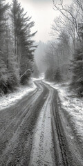 A dirt road in winter that cuts through the forest