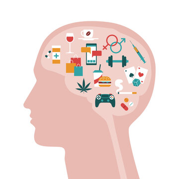 Human head section and addiction types icons