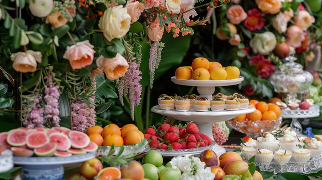 A vibrant fruit tea garden party filled with laughter and conversation, set against a backdrop of cascading floral arrangements, reminiscent of a lively impressionist painting by Pierre-Auguste Renoir