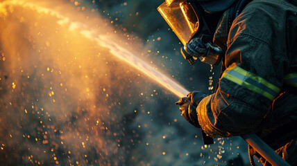 Firefighter extinguishing a fire - obrazy, fototapety, plakaty